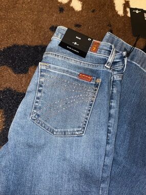 7 For All Mankind Women’s Light Blue High-Rise Slim Jeans with Studded Pocket